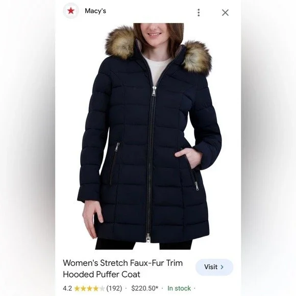 Women's Stretch Faux-Fur Trim Hooded Puffer Coat - Laundry by Shelly Segal - Picture 2 of 8